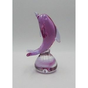 Art Glass Pink Dolphin on Ball Paperweight Desk Figurine 7 Inch